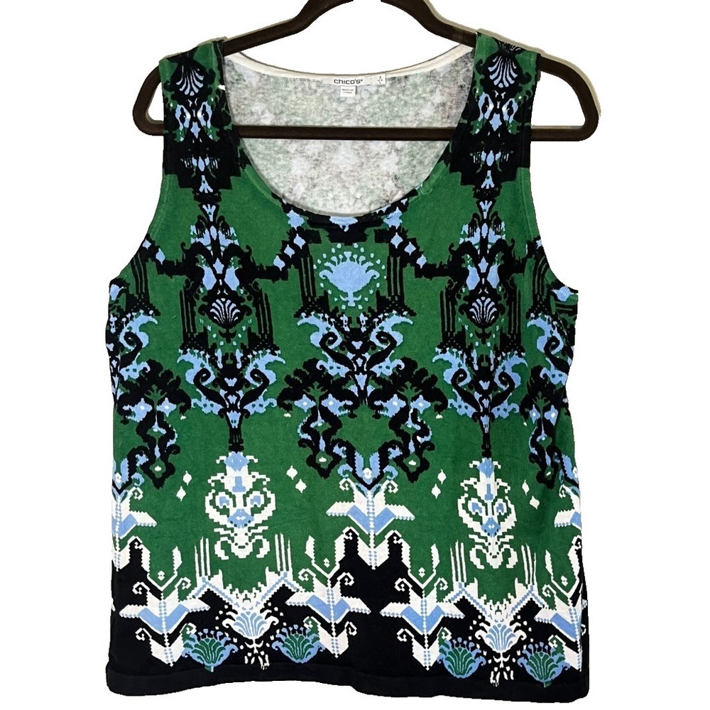 Colorful Floral‎ Linen Knit Sweater Top L Green Classic Preppy Heritage Resort